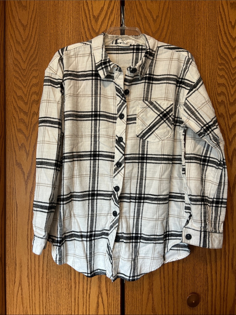 Black, Tan& White Plaid Button-Up Shirt